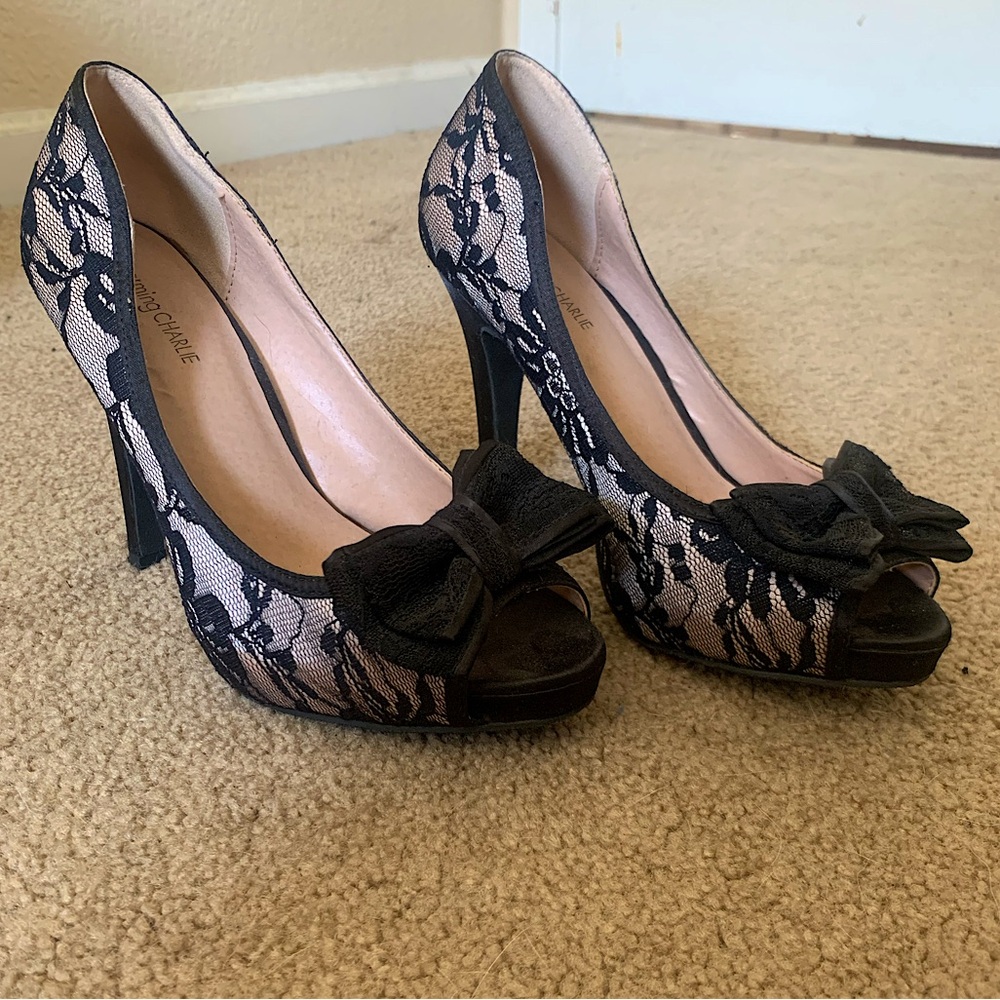 Charming Charlie Black and Nude Lace Bow Tie Heels Size 6.5 - Picture 1 of 7